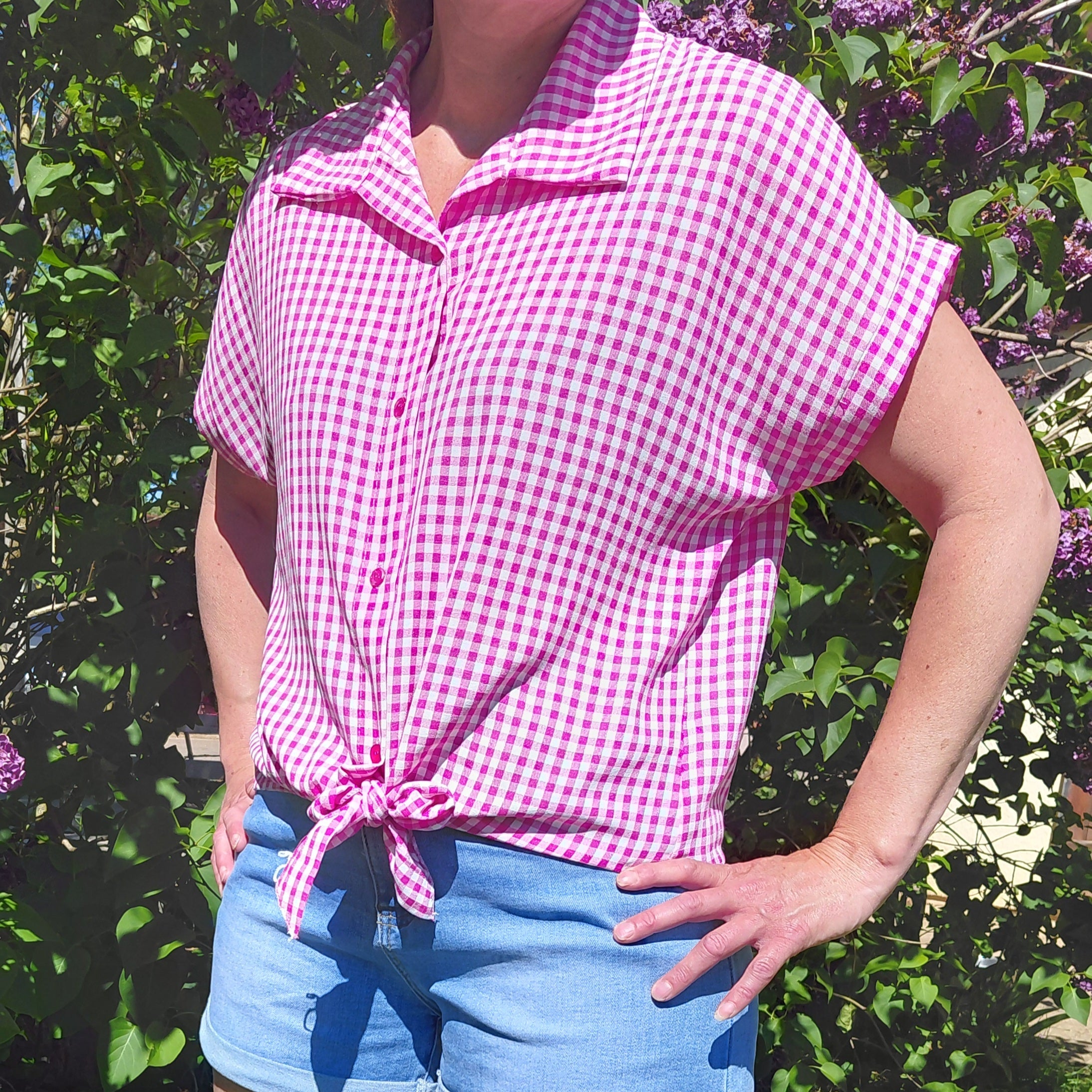 Chemise vichy framboise avec noeud frontal