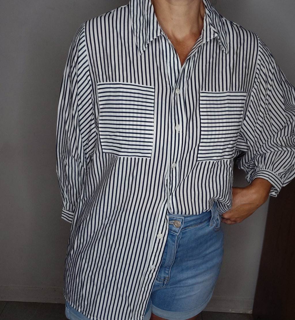 Chemise rayée fluide marine fausses poches
