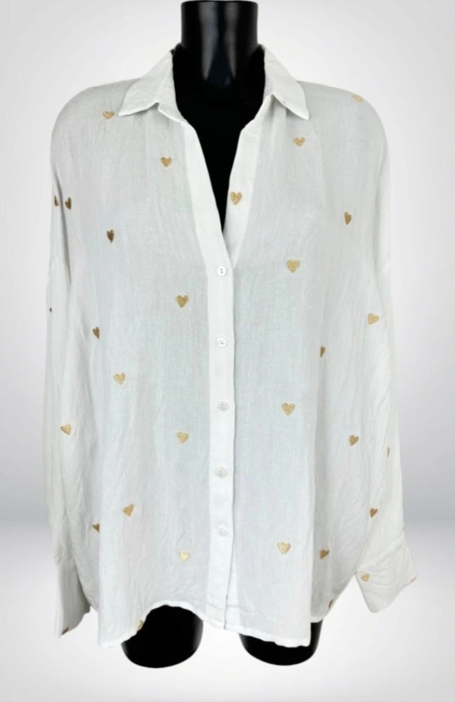 Chemise oversize blanche coeur brodé 