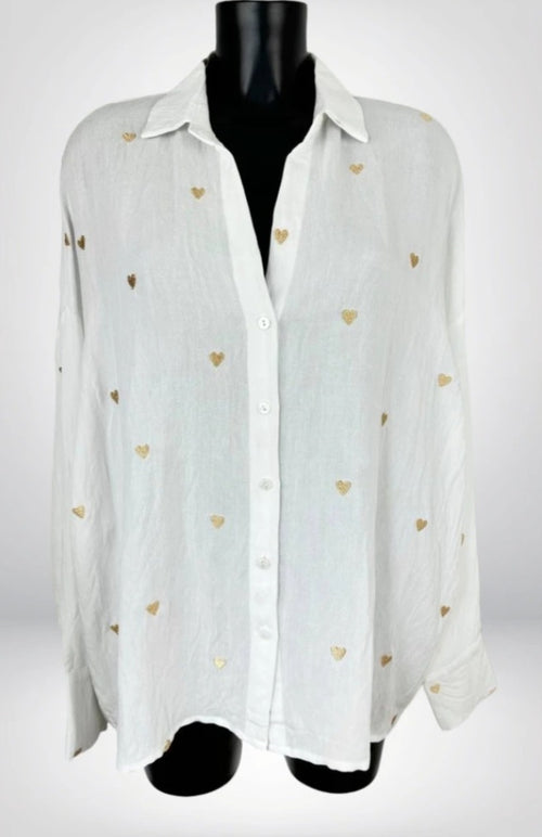 Chemise oversize blanche coeur brodé 