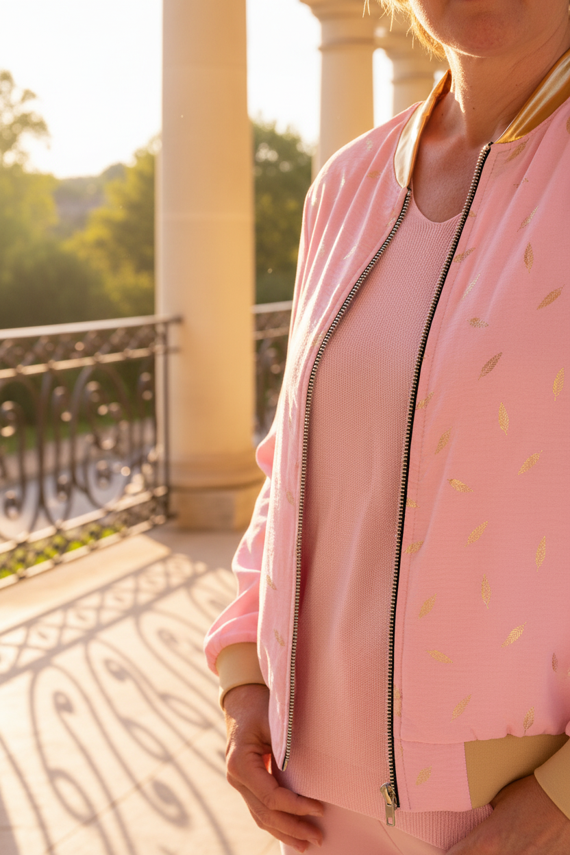 Blouson bomber rose imprimé feuilles dorées Jolifly