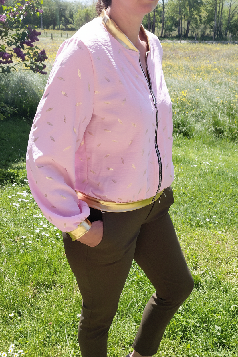 Blouson bomber rose imprimé feuilles dorées Jolifly