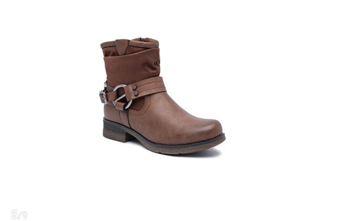 Bottine  femme marron à tige froncée et boucle argentée, vue de face