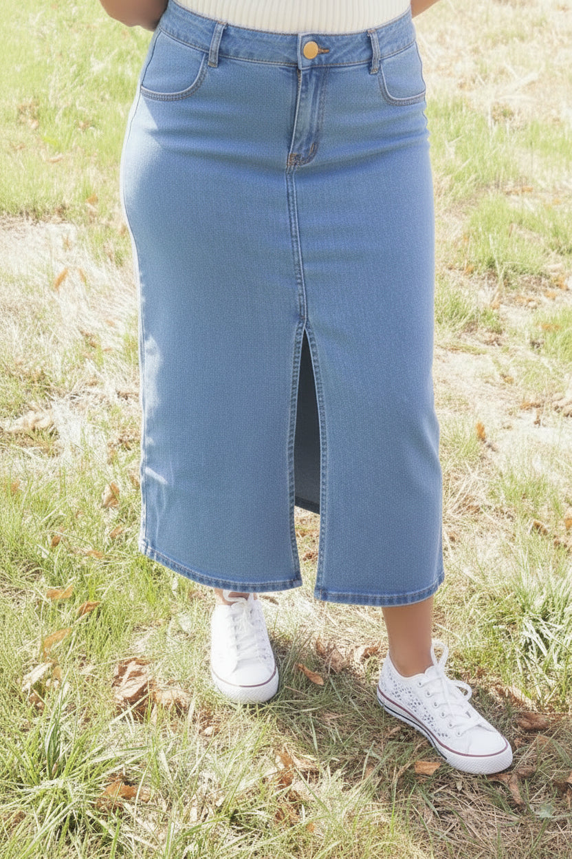 Jupe longue en jean stretch avec fente avant – L'armoire aux trésors