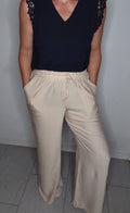 Pantalon uni crème à taille élastique 