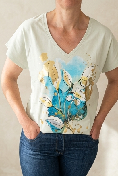 Tee shirt coton col V fleurs abstraites dorées