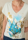 Tee shirt coton col V fleurs abstraites dorées