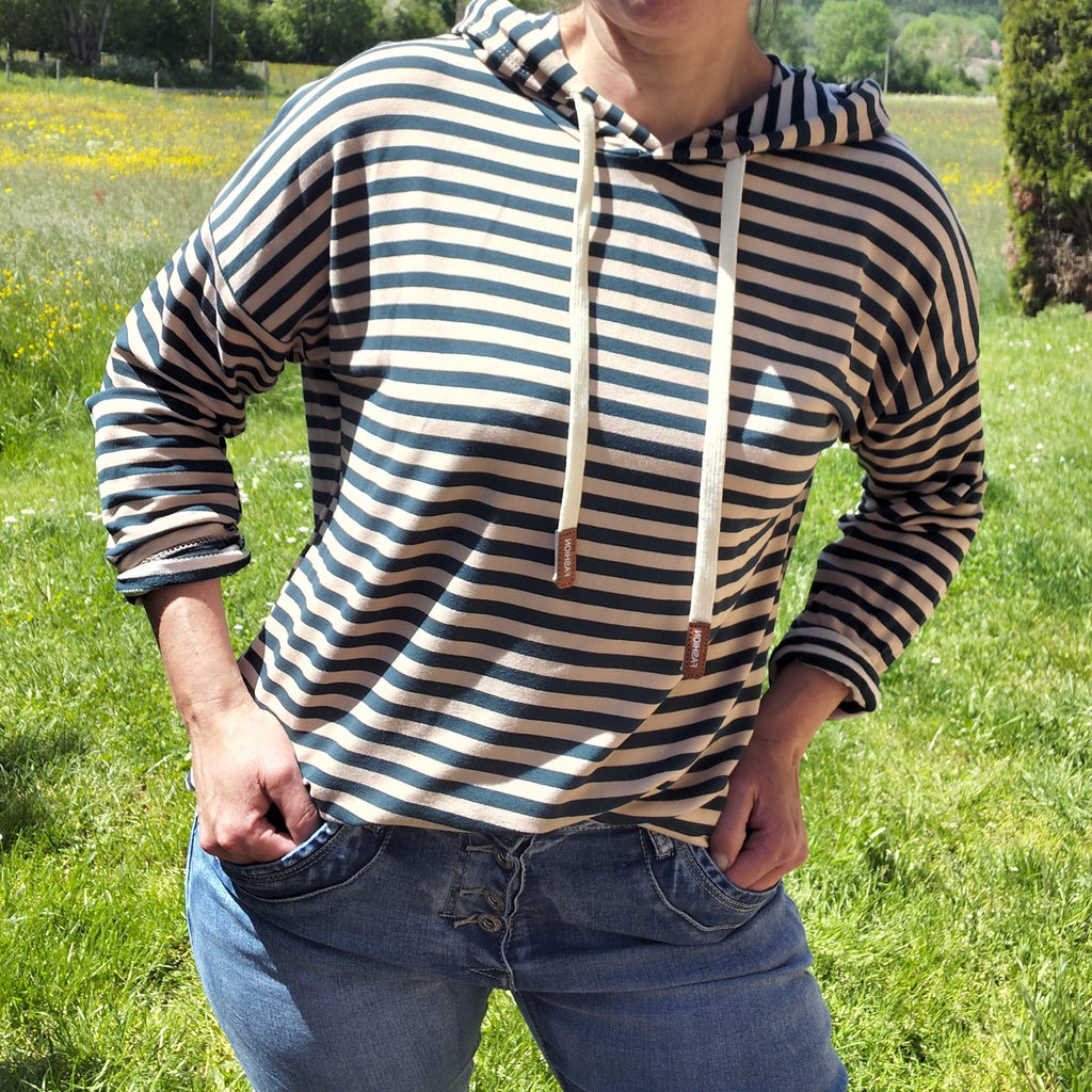 Pull rayé à capuche vert canard